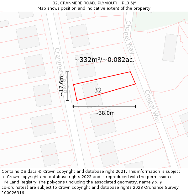 32, CRANMERE ROAD, PLYMOUTH, PL3 5JY: Plot and title map