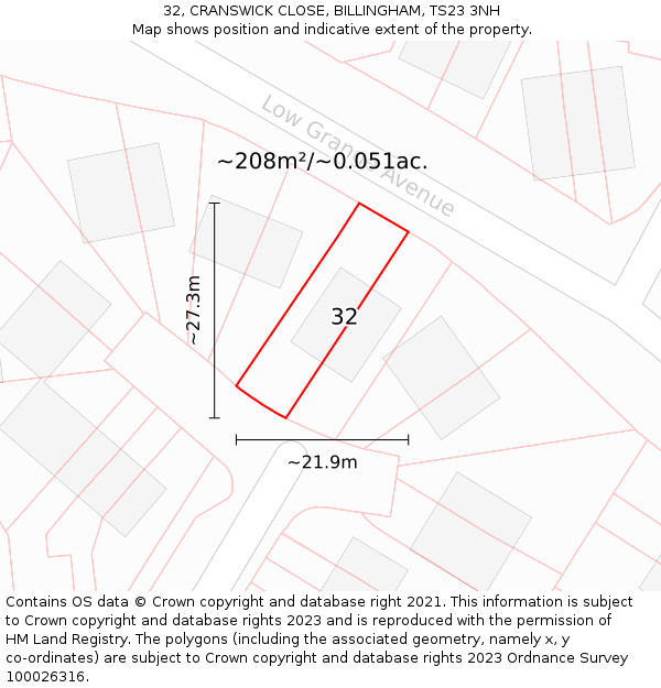 32, CRANSWICK CLOSE, BILLINGHAM, TS23 3NH: Plot and title map