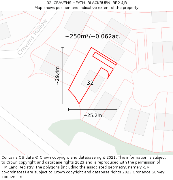 32, CRAVENS HEATH, BLACKBURN, BB2 4JB: Plot and title map