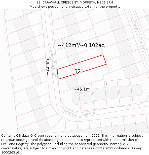 32, CRAWHALL CRESCENT, MORPETH, NE61 2RH: Plot and title map