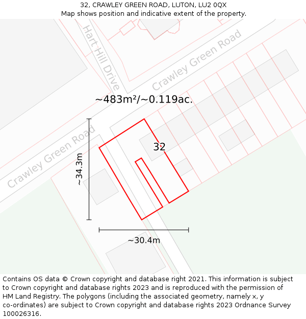 32, CRAWLEY GREEN ROAD, LUTON, LU2 0QX: Plot and title map