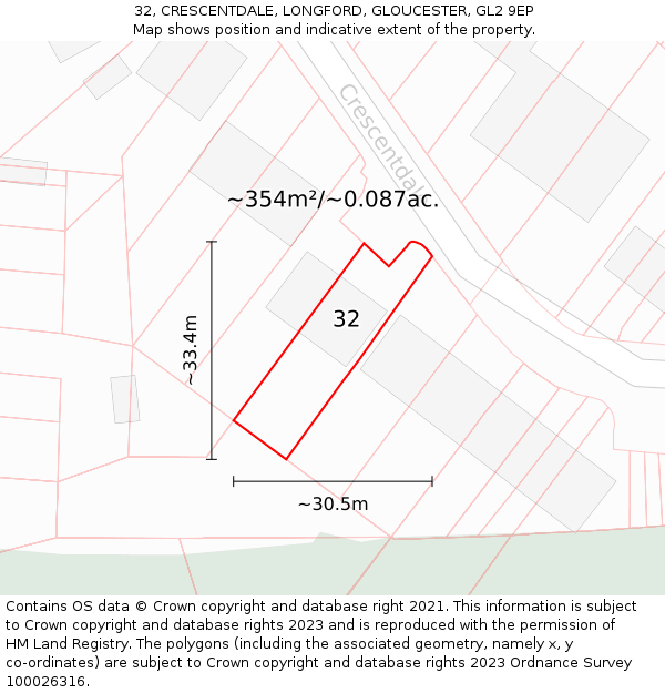32, CRESCENTDALE, LONGFORD, GLOUCESTER, GL2 9EP: Plot and title map