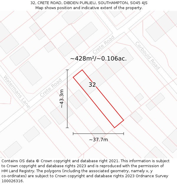 32, CRETE ROAD, DIBDEN PURLIEU, SOUTHAMPTON, SO45 4JS: Plot and title map