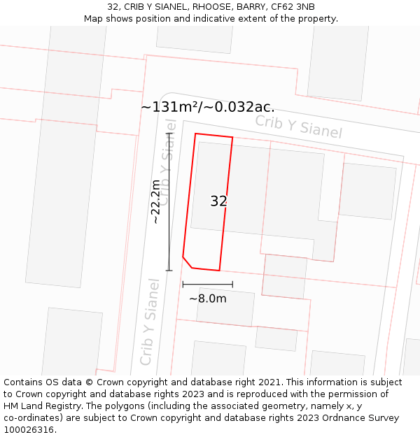 32, CRIB Y SIANEL, RHOOSE, BARRY, CF62 3NB: Plot and title map