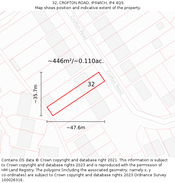 32, CROFTON ROAD, IPSWICH, IP4 4QS: Plot and title map