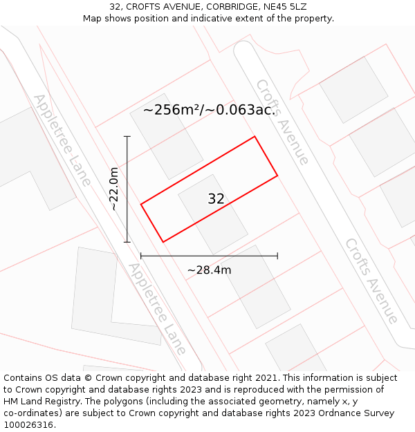 32, CROFTS AVENUE, CORBRIDGE, NE45 5LZ: Plot and title map