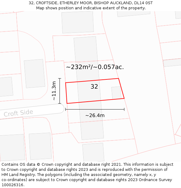 32, CROFTSIDE, ETHERLEY MOOR, BISHOP AUCKLAND, DL14 0ST: Plot and title map