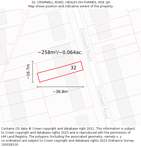 32, CROMWELL ROAD, HENLEY-ON-THAMES, RG9 1JH: Plot and title map
