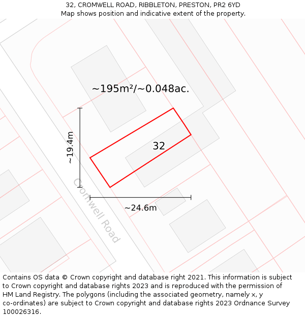 32, CROMWELL ROAD, RIBBLETON, PRESTON, PR2 6YD: Plot and title map