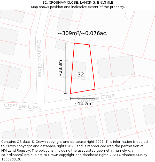 32, CROSHAW CLOSE, LANCING, BN15 9LE: Plot and title map