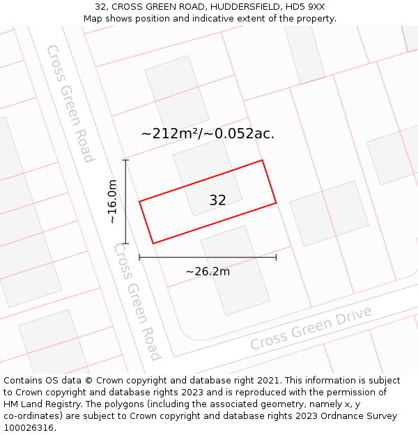 32, CROSS GREEN ROAD, HUDDERSFIELD, HD5 9XX: Plot and title map