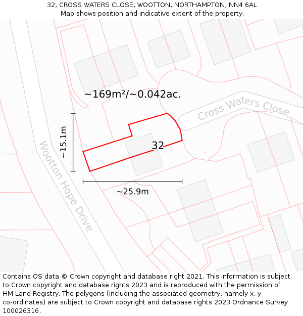 32, CROSS WATERS CLOSE, WOOTTON, NORTHAMPTON, NN4 6AL: Plot and title map