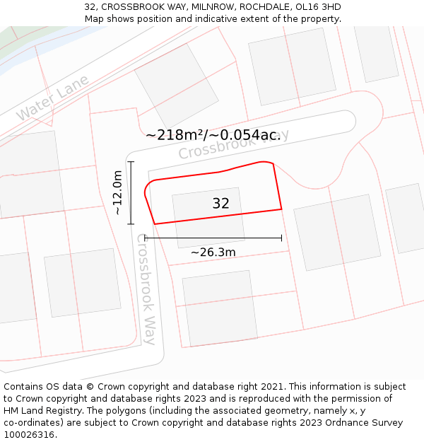 32, CROSSBROOK WAY, MILNROW, ROCHDALE, OL16 3HD: Plot and title map