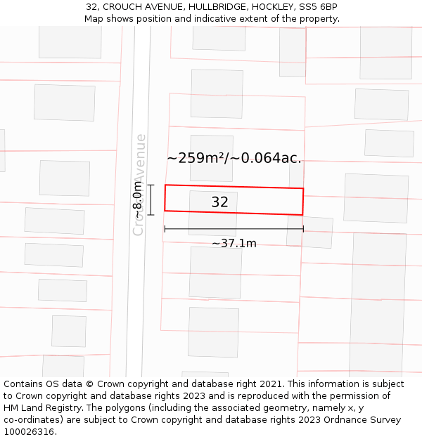 32, CROUCH AVENUE, HULLBRIDGE, HOCKLEY, SS5 6BP: Plot and title map