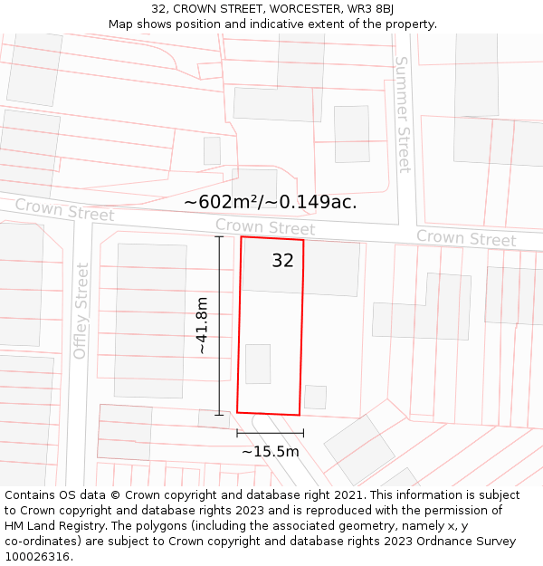32, CROWN STREET, WORCESTER, WR3 8BJ: Plot and title map