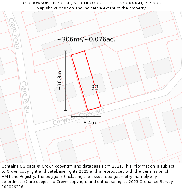 32, CROWSON CRESCENT, NORTHBOROUGH, PETERBOROUGH, PE6 9DR: Plot and title map