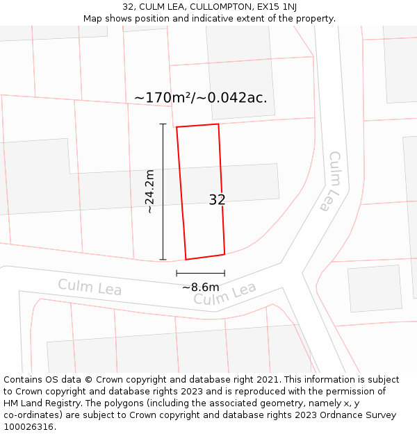 32, CULM LEA, CULLOMPTON, EX15 1NJ: Plot and title map