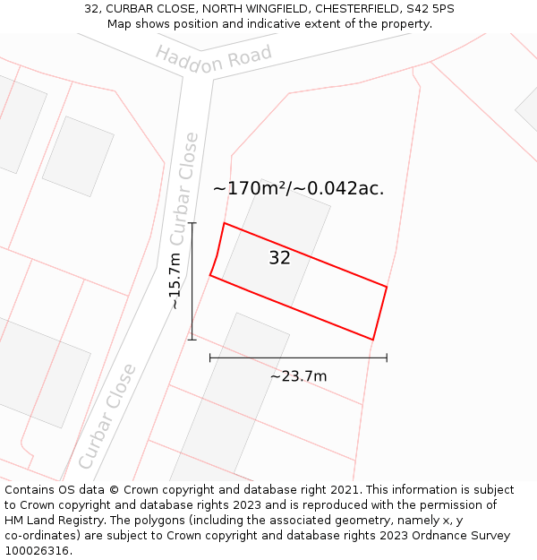 32, CURBAR CLOSE, NORTH WINGFIELD, CHESTERFIELD, S42 5PS: Plot and title map