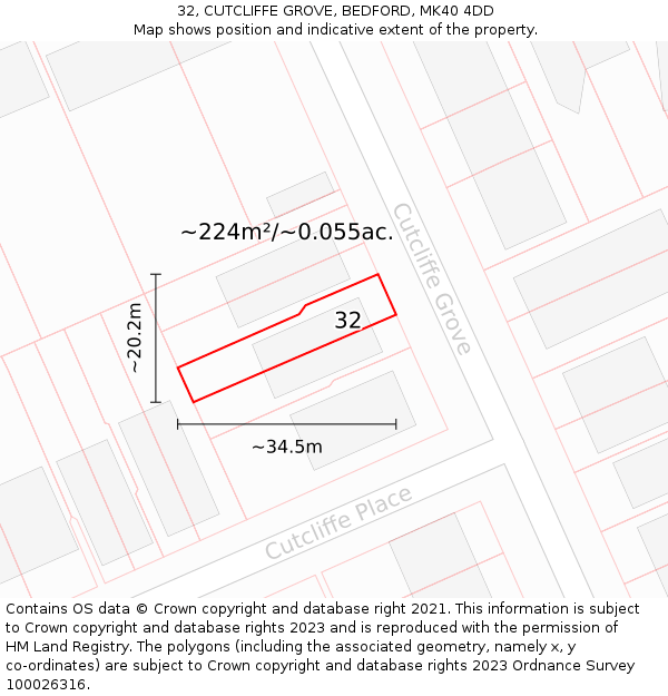32, CUTCLIFFE GROVE, BEDFORD, MK40 4DD: Plot and title map