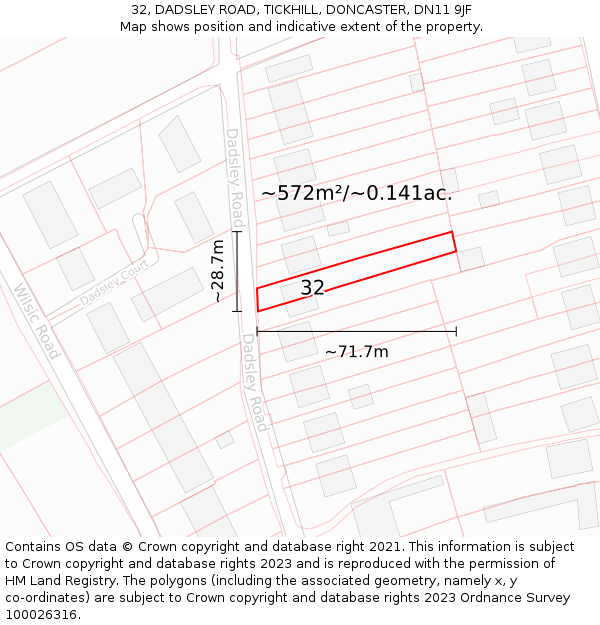 32, DADSLEY ROAD, TICKHILL, DONCASTER, DN11 9JF: Plot and title map
