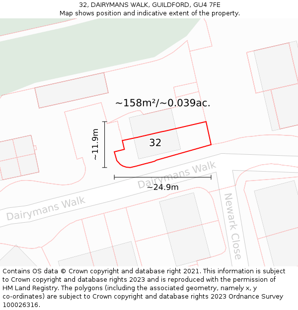 32, DAIRYMANS WALK, GUILDFORD, GU4 7FE: Plot and title map