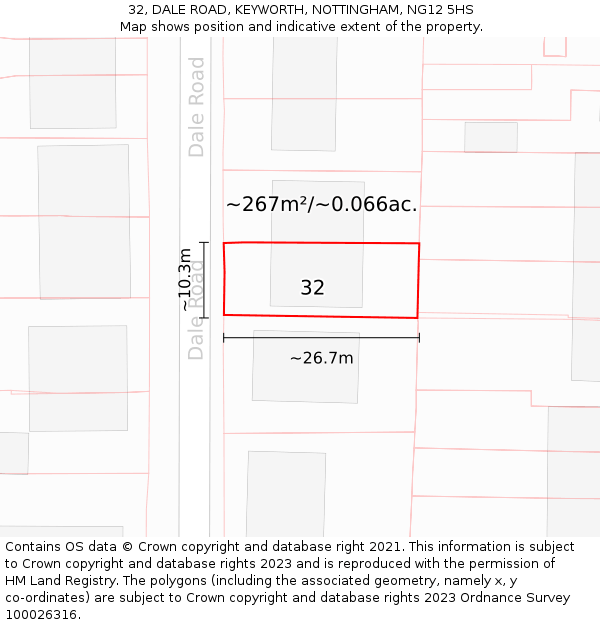 32, DALE ROAD, KEYWORTH, NOTTINGHAM, NG12 5HS: Plot and title map