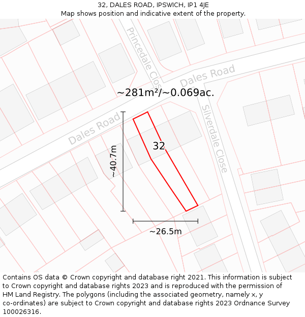 32, DALES ROAD, IPSWICH, IP1 4JE: Plot and title map