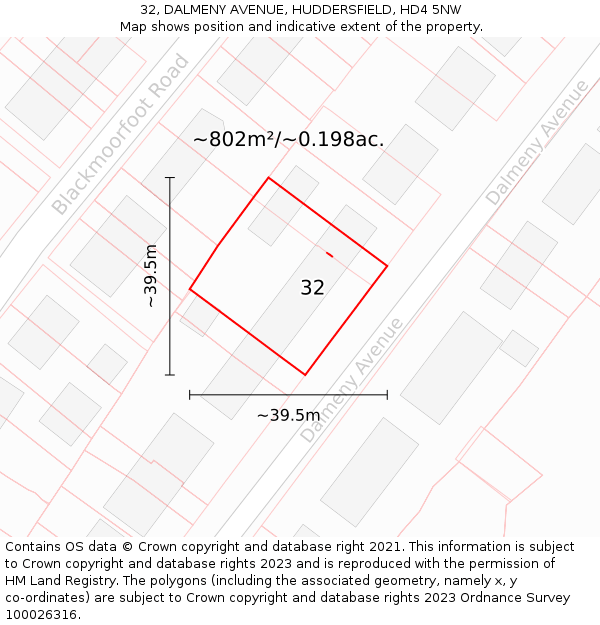 32, DALMENY AVENUE, HUDDERSFIELD, HD4 5NW: Plot and title map