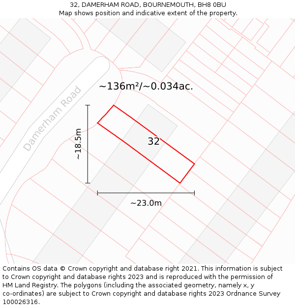 32, DAMERHAM ROAD, BOURNEMOUTH, BH8 0BU: Plot and title map