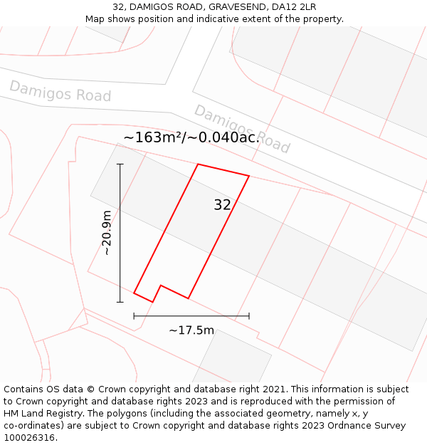 32, DAMIGOS ROAD, GRAVESEND, DA12 2LR: Plot and title map