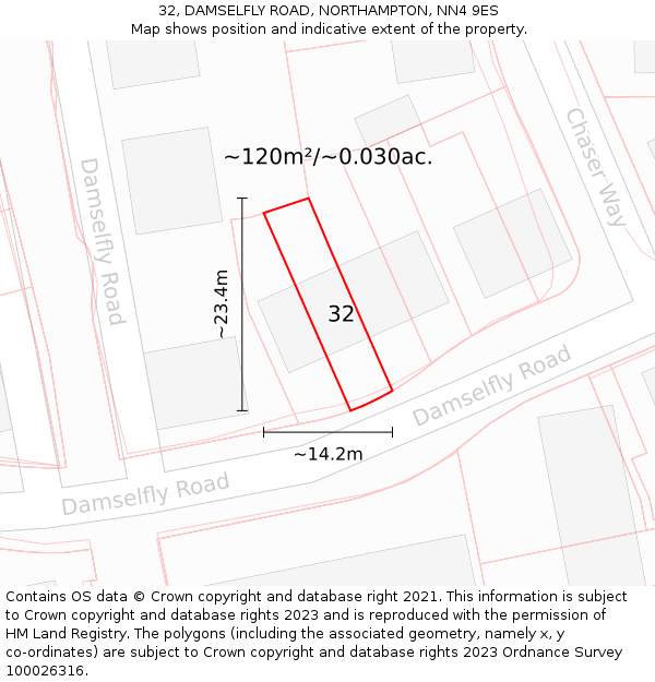 32, DAMSELFLY ROAD, NORTHAMPTON, NN4 9ES: Plot and title map