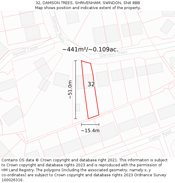 32, DAMSON TREES, SHRIVENHAM, SWINDON, SN6 8BB: Plot and title map
