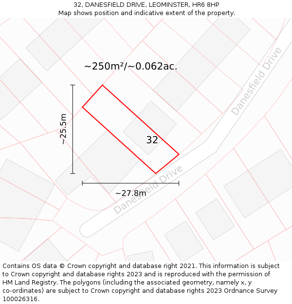32, DANESFIELD DRIVE, LEOMINSTER, HR6 8HP: Plot and title map