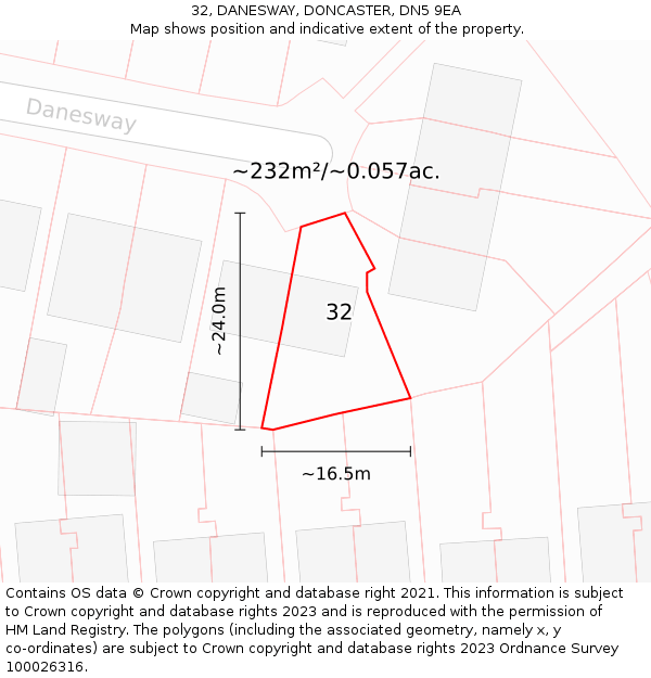 32, DANESWAY, DONCASTER, DN5 9EA: Plot and title map