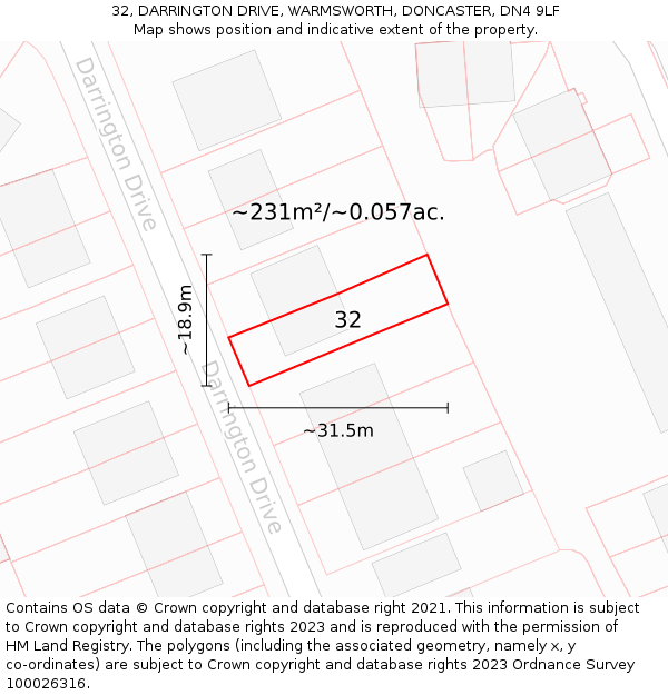 32, DARRINGTON DRIVE, WARMSWORTH, DONCASTER, DN4 9LF: Plot and title map