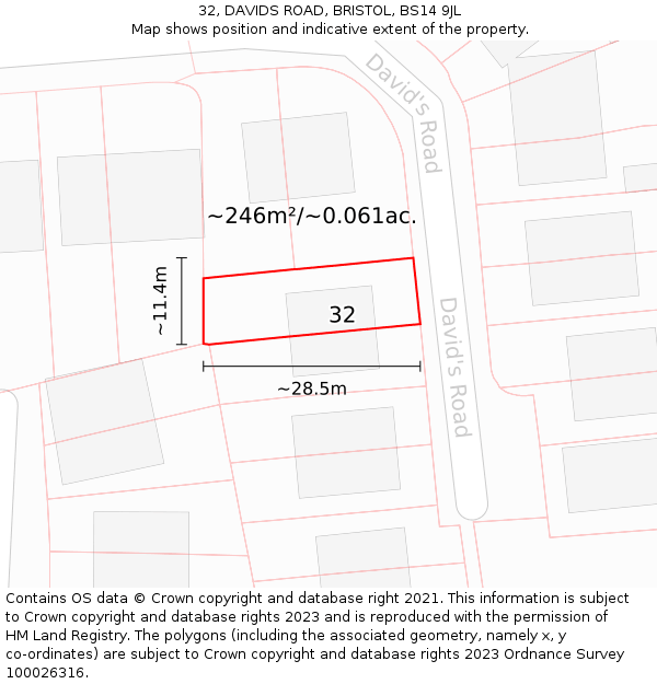 32, DAVIDS ROAD, BRISTOL, BS14 9JL: Plot and title map