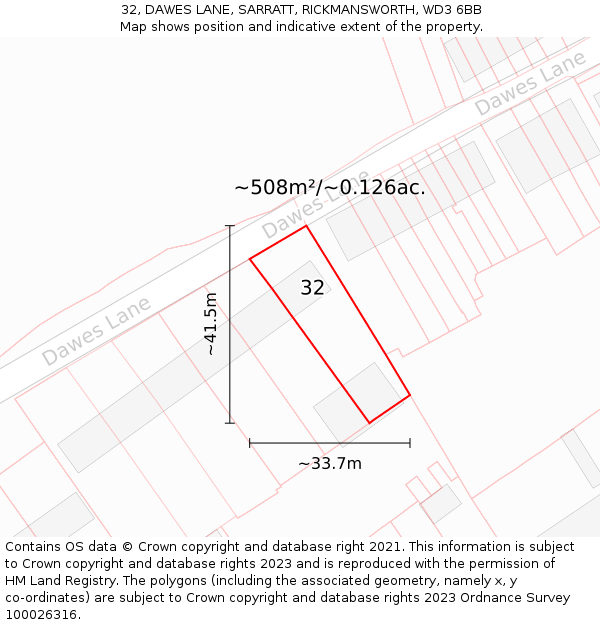 32, DAWES LANE, SARRATT, RICKMANSWORTH, WD3 6BB: Plot and title map