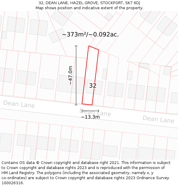 32, DEAN LANE, HAZEL GROVE, STOCKPORT, SK7 6DJ: Plot and title map