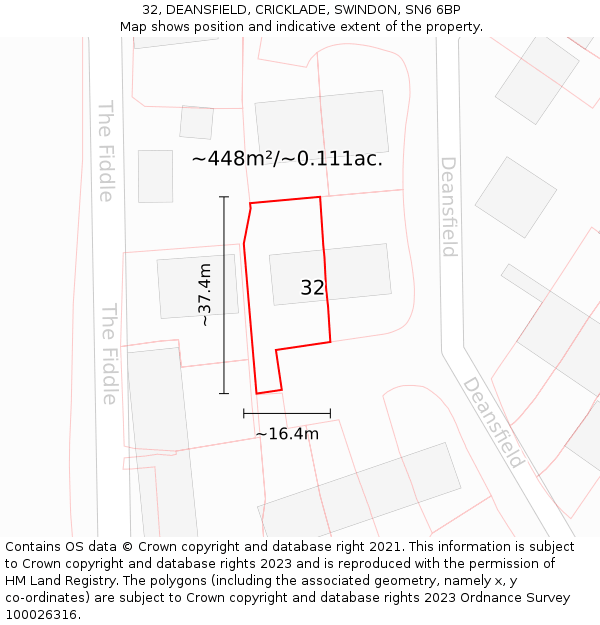 32, DEANSFIELD, CRICKLADE, SWINDON, SN6 6BP: Plot and title map