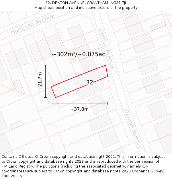 32, DENTON AVENUE, GRANTHAM, NG31 7JL: Plot and title map