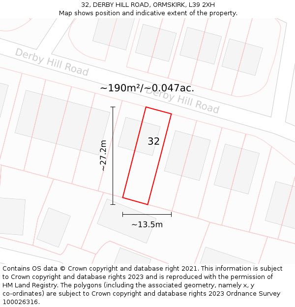 32, DERBY HILL ROAD, ORMSKIRK, L39 2XH: Plot and title map