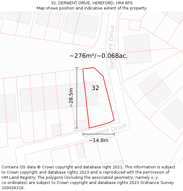 32, DERWENT DRIVE, HEREFORD, HR4 9PS: Plot and title map