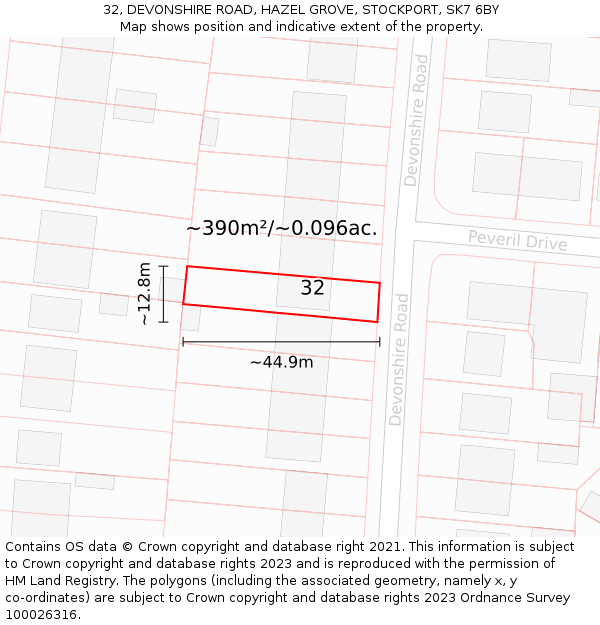 32, DEVONSHIRE ROAD, HAZEL GROVE, STOCKPORT, SK7 6BY: Plot and title map
