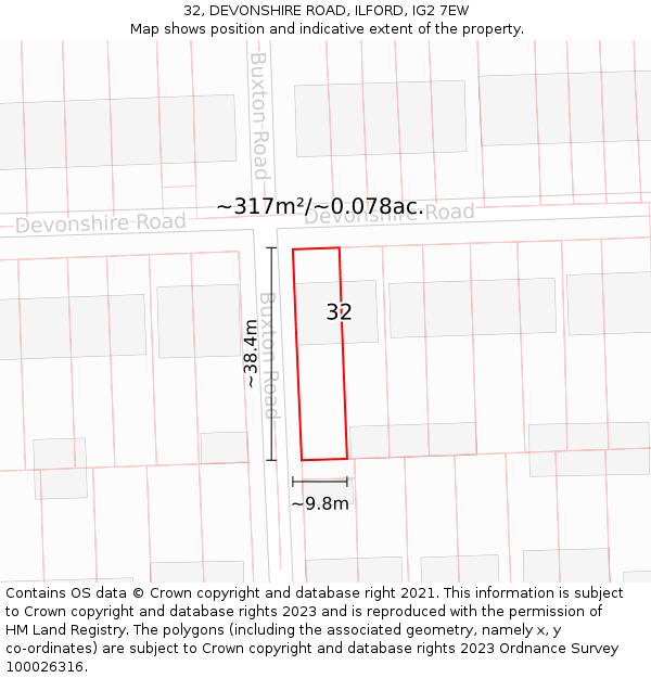 32, DEVONSHIRE ROAD, ILFORD, IG2 7EW: Plot and title map