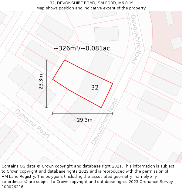32, DEVONSHIRE ROAD, SALFORD, M6 8HY: Plot and title map