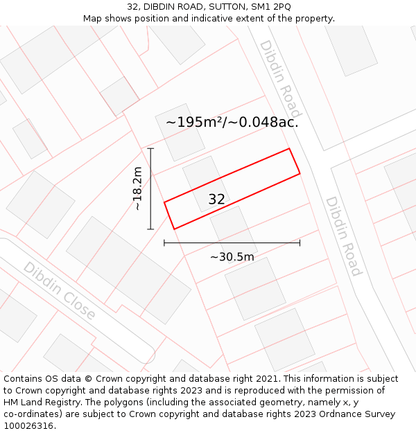 32, DIBDIN ROAD, SUTTON, SM1 2PQ: Plot and title map
