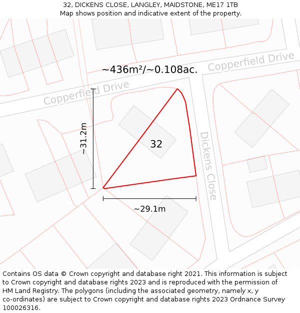 32, DICKENS CLOSE, LANGLEY, MAIDSTONE, ME17 1TB: Plot and title map