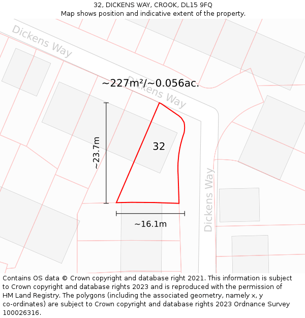 32, DICKENS WAY, CROOK, DL15 9FQ: Plot and title map