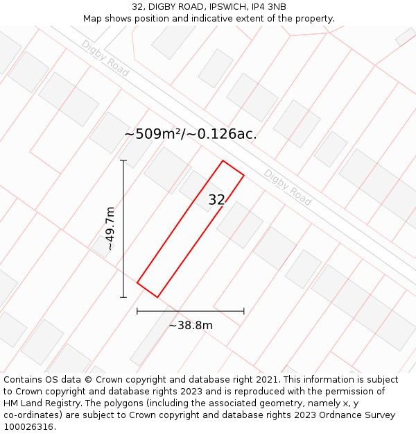 32, DIGBY ROAD, IPSWICH, IP4 3NB: Plot and title map