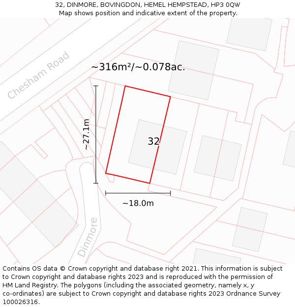 32, DINMORE, BOVINGDON, HEMEL HEMPSTEAD, HP3 0QW: Plot and title map